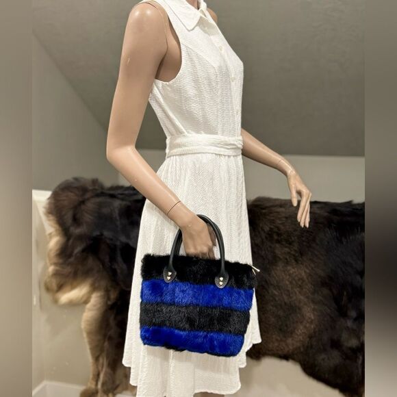 Striped Colorblock Handmade Real Mink Fur Mini Tote, Top Handle Bag, Crossbody - Picture 2 of 16